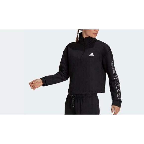 Women’s medium Adidas Essentials Black Cropped Primegreen Fleece 1/4zip pullover - Picture 1 of 7